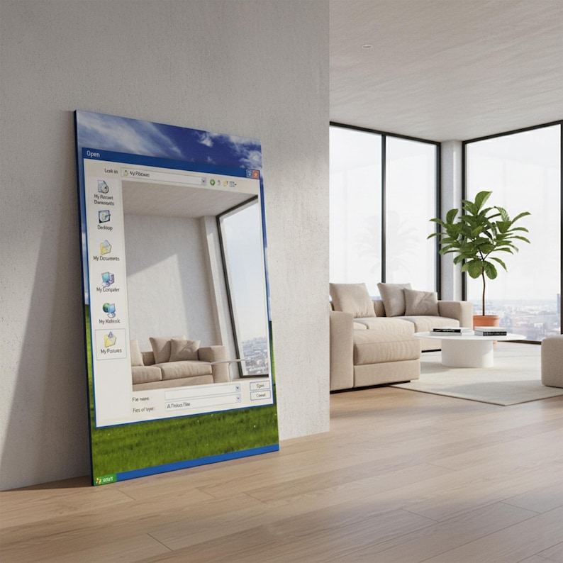 May include: A rectangular mirror with a Windows XP interface design, leaning against a white wall. The mirror reflects a modern living room with a beige sofa, large windows, and a plant. The mirror's frame is blue and green.