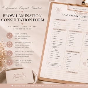 May include: A brow lamination consultation form on a clipboard with sections for client information, health history, brow goals, and patch test details. The document features text headers, checkboxes, and lines for notes, presented in a neutral color palette.
