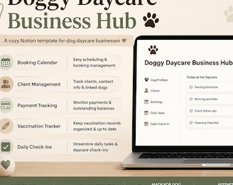 Może przedstawiać: Laptop wyświetla szablon Notion "Doggy Daycare Business Hub". Ekran pokazuje funkcje takie jak kalendarze rezerwacji, zarządzanie klientami i śledzenie płatności. Widoczny jest kubek z odciskiem łapy.