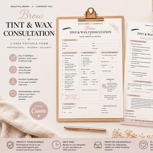 Op de afbeelding: Een tweepaginasjabloon voor een wenkbrauwverf- en waxconsultatieformulier op wit papier. Het document bevat secties voor klantinformatie, gezondheidsgeschiedenis, wenkbrauwvoorkeuren, patchtestresultaten en een aansprakelijkheidsverklaring.