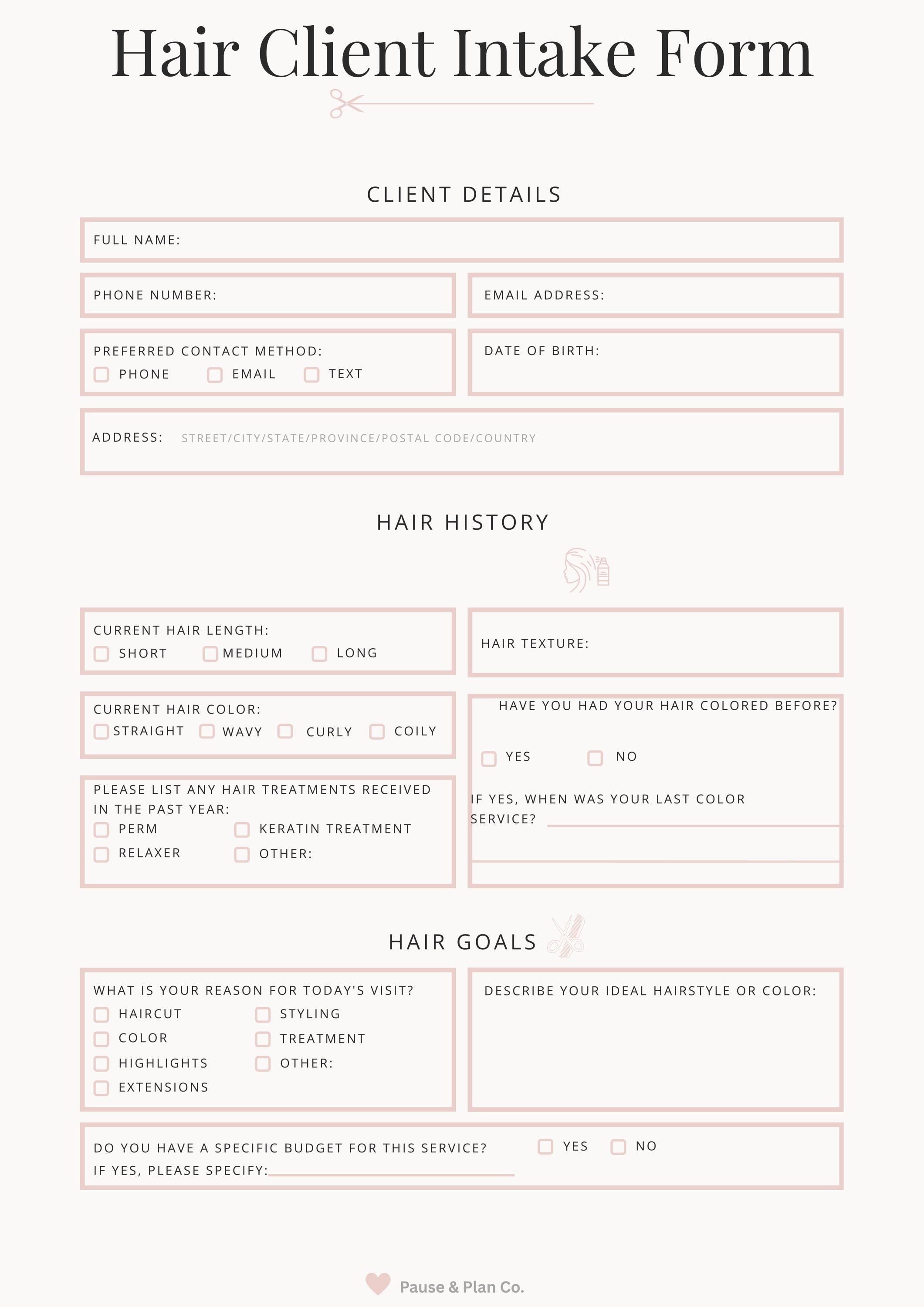 Hair Client Intake Form Bundle, Salon Consultation Forms, Hair Stylist ...