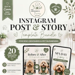 Plantillas de Canva para redes sociales de peluquería canina / 10 publicaciones e historias de Instagram / Kit de marketing para peluquería de mascotas / Plantillas editables de Canva