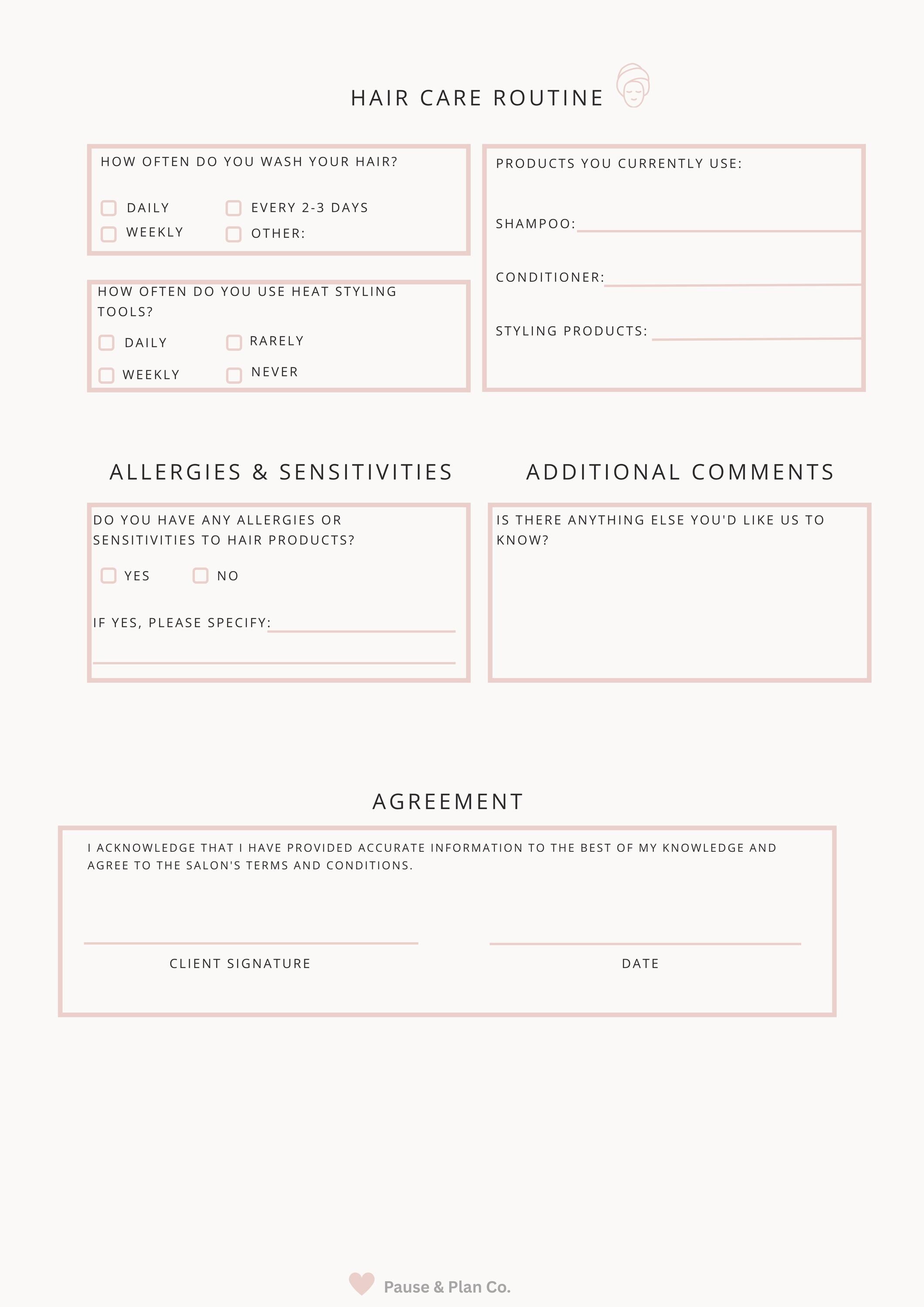 Hair Client Intake Form Bundle, Salon Consultation Forms, Hair Stylist ...