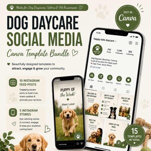 Hundetagesstätte Instagram Vorlagen | Canva Social Media Kit | 10 Beiträge + 5 Geschichten | Bearbeitbares Haustier Business Marketing Bundle