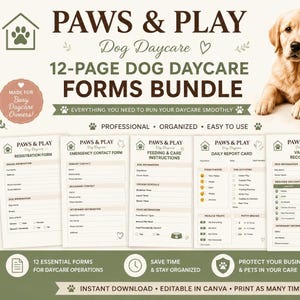 Pacote de Formulários para Creche Canina | Formulário de Admissão para Hospedagem de Animais de Estimação | Modelo de Registro de Vacinação e Relatório de Incidentes | Modelo de Negócio Editável no Canva