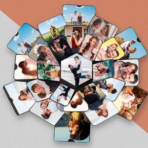 May include: A unique, multi-panel photo display featuring a collection of personal photographs. The display is composed of numerous hexagonal and square panels, each showcasing a different image. The overall arrangement is a collage of memories, with a mix of colors and scenes.