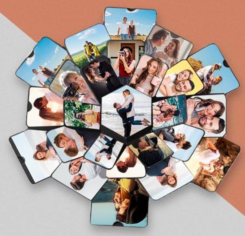 May include: A unique, multi-panel photo display featuring a collection of personal photographs. The display is composed of numerous hexagonal and square panels, each showcasing a different image. The overall arrangement is a collage of memories, with a mix of colors and scenes.