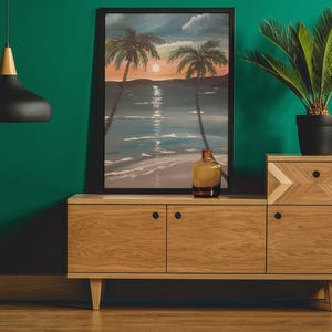 Original Palm Tree Seascape Painting: Valerie&#39;s Beach, Signed 16x20