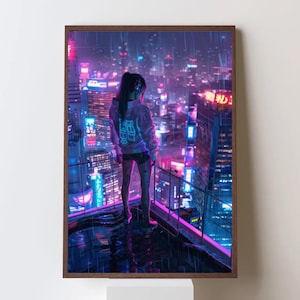 Cyberpunk Girl Printable Wall Art - Digital Anime Aesthetic Poster - Futuristic Neon City Art - JPG 300DPI Instant Download
