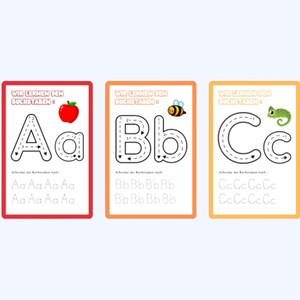 Puede incluir: Tres tarjetas educativas coloridas para aprender el alfabeto. Cada tarjeta presenta una letra (A, B, C) con líneas punteadas para trazar, junto con una imagen correspondiente: una manzana, una abeja y un camaleón.