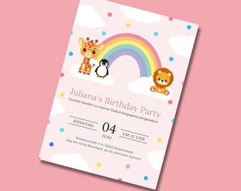 Tarjeta de invitación para niñas – PDF A6 | Invitación digital de animales con arcoíris | Invitación de cumpleaños infantil personalizable para descargar
