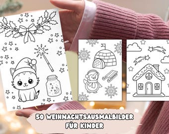 May include: A collection of black and white Christmas-themed coloring pages. The pages feature illustrations of a cat in a Santa hat, a penguin, an igloo, a house, and other festive elements. The text on the image reads "50 WEIHNACHTSAUSMALBILDER FÜR KINDER".