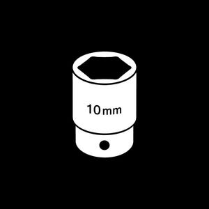 Puede incluir: Un cabezal de llave de vaso blanco y cilíndrico con una abertura hexagonal. El texto "10 mm" está impreso en el lateral. La herramienta está sobre un fondo negro.
