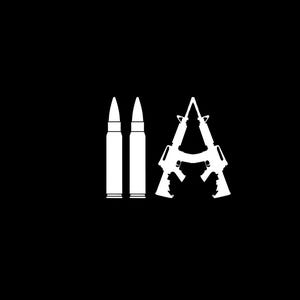 May include: White graphic on a black background. The graphic features two bullets and two rifles arranged to form the letter "A". The image is a minimalist design.