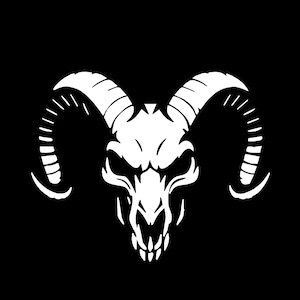 May include: White ram skull graphic on a black background. The skull has large curved horns and detailed facial features, including eye sockets and teeth. The design is symmetrical and bold, suitable for apparel or decor.