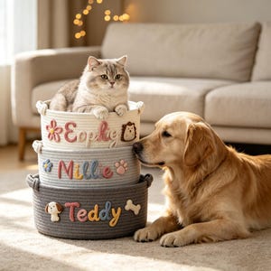Personalized Pet Name Woven Storage Bin, White Gray Stackable Cotton Rope Basket for Kitten Puppy Toys & Supplies