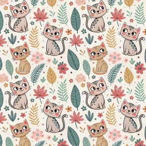 May include: A repeating pattern featuring cartoon cats, flowers, and leaves in a whimsical design. The cats are in various shades of brown and gray, with floral and leaf elements in pink, green, and beige on a cream background.