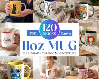 11oz Ceramic Mug Mockups Bundle, Full Wrap PSD Canva (120 Mocks)
