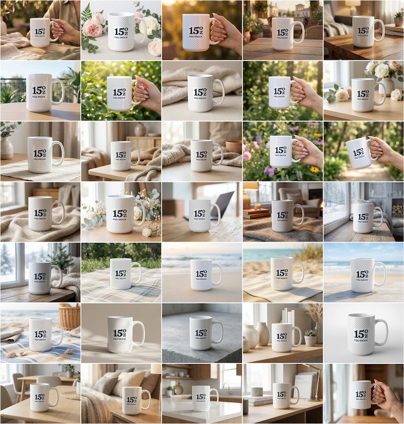 May include: A collection of white ceramic mugs with a textured pattern and the text "15% PRO DESIGN" printed in black. The mugs are displayed in various settings, including near flowers, on tables, and held by hands.