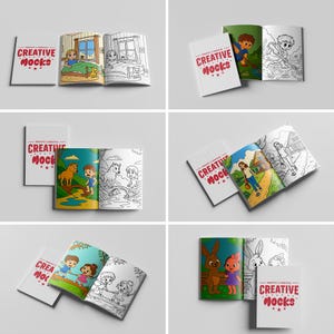 May include: A collection of children's coloring books with the cover text "CREATIVE MOCKS" in red. The open books display colorful illustrations and black and white line drawings of various scenes, including children, animals, and outdoor settings.