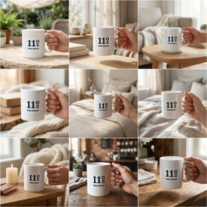 May include: White ceramic mug with a textured pattern, featuring the text "11 oz PSD MOCK" in black. The mug is held by a hand in various settings, including a table and a bed.