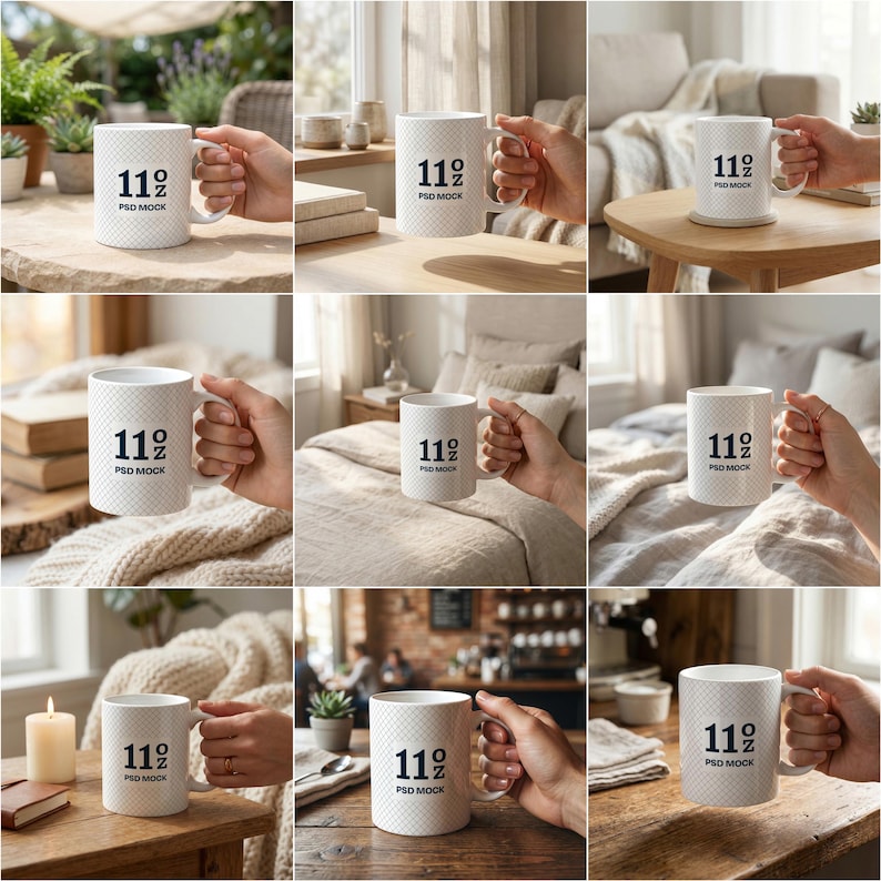 May include: White ceramic mug with a textured pattern, featuring the text "11 oz PSD MOCK" in black. The mug is held by a hand in various settings, including a table and a bed.