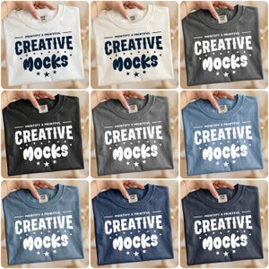 May include: A collection of t-shirts in various colors, including white, cream, charcoal, black, gray, and blue. Each shirt displays the text "PRINTIFY X PRINTFUL CREATIVE MOCKS" in a bold, stylized font with star accents.