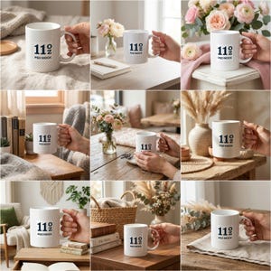 May include: A white ceramic mug with a black handle and the text "But first, coffee" in a handwritten style. The mug is on a white surface. The mug is approximately 4 inches tall.