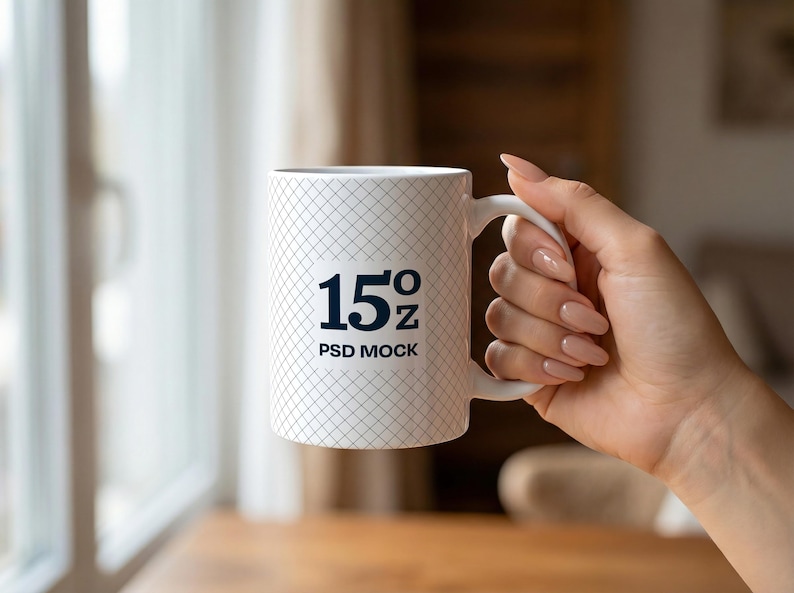 May include: White ceramic mug with a grid pattern and the text "15 oz PSD MOCK" in black. The mug is held by a hand with manicured nails. The background is blurred, showing a window and wooden table.