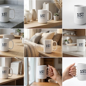 May include: A white ceramic mug with a black handle and the text "But First, Coffee" in a bold, black font. The mug is set against a blurred background, highlighting its clean design.