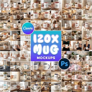 Paquete de 120 maquetas de tazas, plantilla PSD de Canva de 325 ml (descarga digital)