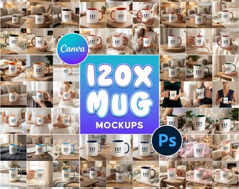 120x Mug Mockup Bundle, 11oz PSD Canva Template (Digital Download)
