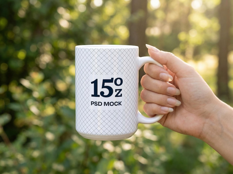 May include: White ceramic mug with a grid pattern, held by a hand. The mug features the text "15 oz PSD MOCK" in black. The background is a blurred view of green foliage and sunlight.