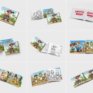 Puede incluir: Una colección de libros infantiles para colorear e ilustrados. Los libros presentan ilustraciones coloridas de piratas, animales y personajes de fantasía. Algunos libros están abiertos, mostrando páginas en color y en blanco y negro.