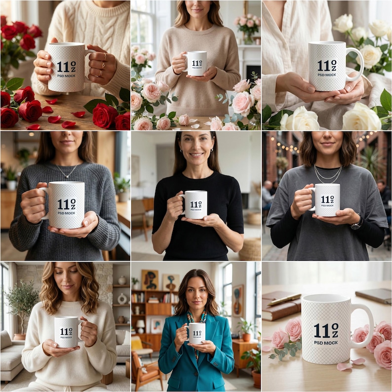 May include: White ceramic mug with a textured pattern, featuring the text "11 oz PSD MOCK" in black. The mug is held by various people in different settings, with flowers and other props in the background.
