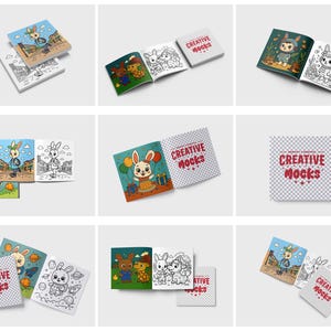 May include: A collection of children's coloring books featuring cartoon bunnies in various scenes. The books have colorful covers and black and white illustrations inside. The text "CREATIVE MOCKS" is on some covers.