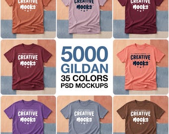 Gildan 5000 Open Flat Lay Tshirt Mockups, 35 Colors PSD (Printify Printful)