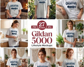 Gildan 5000 Mockup Bundle, Ash Tshirt Mockup, Gildan Tshirt Mockup, 27x Scenes Lifestyle t-shirt Mockups Printify Mockup, Etsy Shirt Mockup