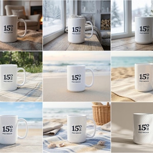 May include: A white ceramic mug with a black handle and the text "But First, Coffee" in a bold, black font. The mug is set against a neutral background, highlighting its simple design.