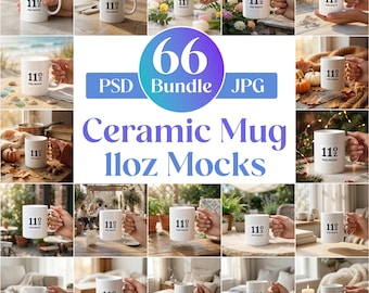 11oz Ceramic Mug Mockup Bundle, 66 PSD JPG Files (Digital Download)