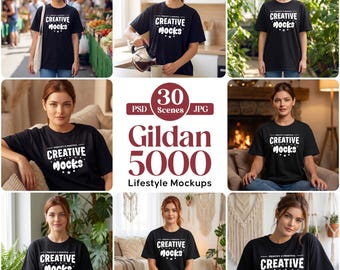 Tshirt Mockup, Gildan 5000 Black Tshirt Mockups, 30 Lifestyle unique Scenes, PSD smart object