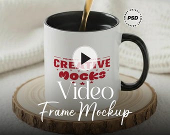 Mug Video Mockup 11oz Coffee Cup Cozy Wood PSD