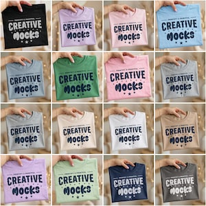 Komfortfarbe Tshirt Mockup Bundle, 18x Gefaltete Rundhals Farben, Taschenspieler Szene, PSD Mockups, Gildan Mockups