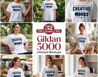 Gildan 5000 White Tshirt Mockups, 32 Lifestyle Scenes (PSD, JPG)