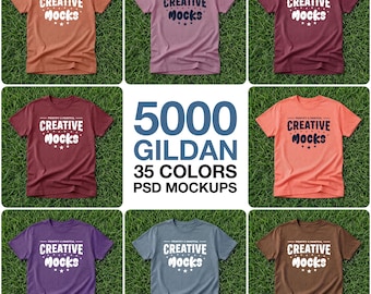 Gildan 5000 T-Shirt Mockups, 35 Colors, Outdoor Grass Flat Lay (PSD/JPG)