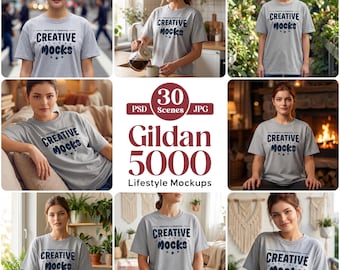 Gildan 5000 Sport Gray T-Shirt Mockups, 30 Lifestyle Scenes (PSD, JPG)