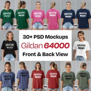 May include: A collection of Gildan 64000 t-shirt mockups in various colors, including green, pink, navy, black, white, blue, red, and olive. Each shirt displays the text "CREATIVE Mocks" on the front and back. The image also includes the text "30+ PSD Mockups" and "Front & Back View."