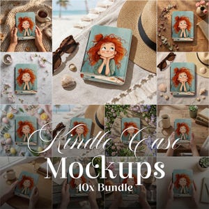 以下が含まれることがあります： 赤毛の女の子のイラストが描かれたKindleケースのモックアップのコレクション。ケースは、ビーチやテーブルなど、さまざまな環境で表示されます。「Kindle Case Mockups 40x Bundle」というテキストも表示されています。