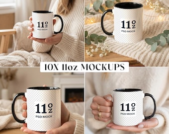 10x Black 11oz Mug Mockups, Full Wrap PSD, Canva Editable (Digital Download)