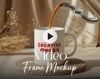 Mug Video Mockup: Pouring Coffee, Sunlit Scene (PSD)